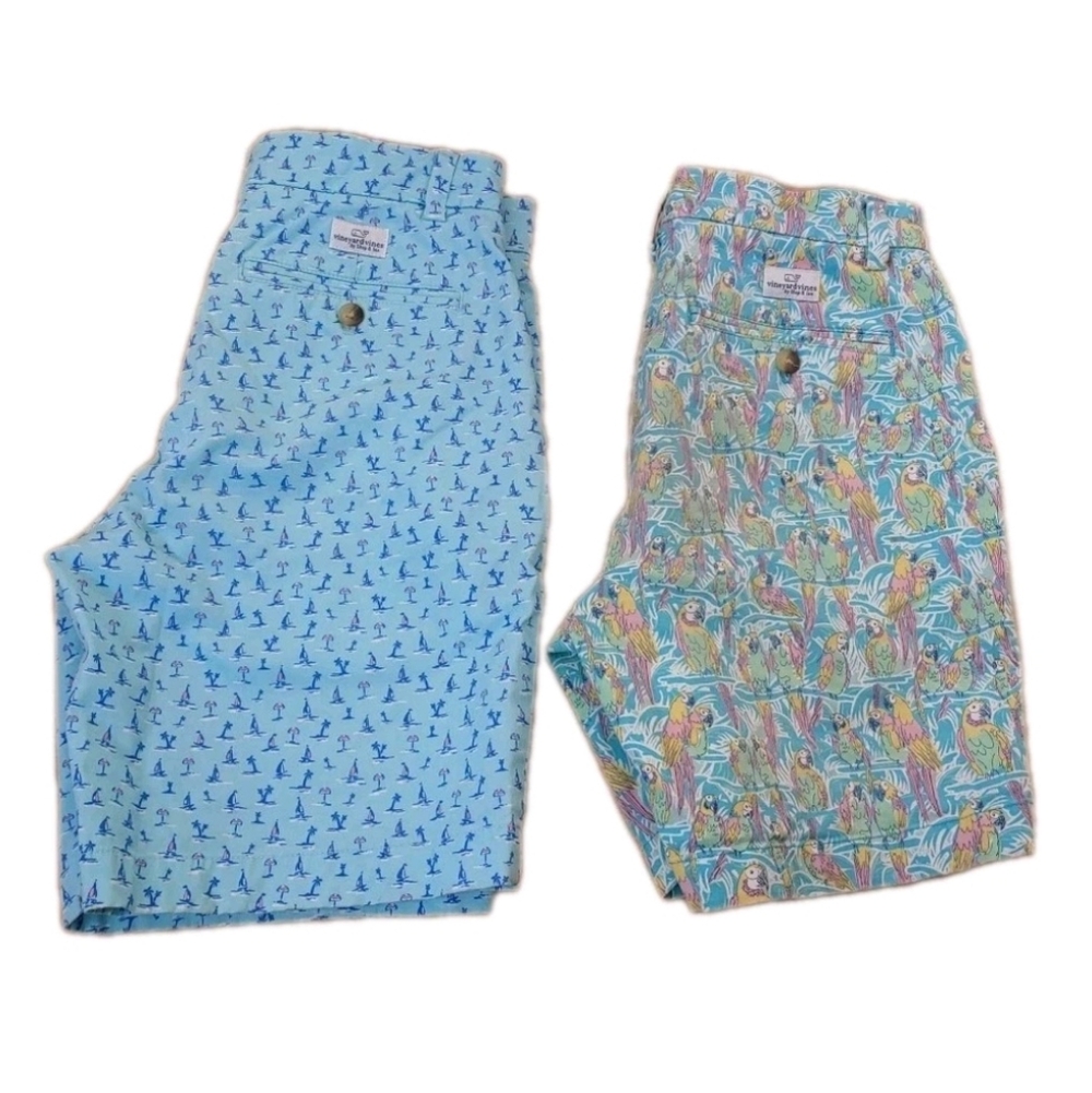 Vineyard Vines 2 Breaker Shorts Sz 28 Parrot Sailboats Nautical Tropical Resort